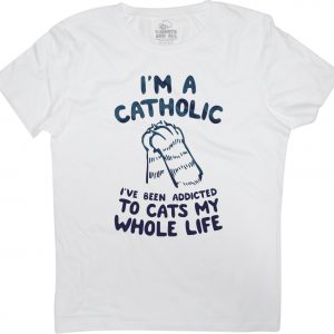 catholic woman white t-shirt
