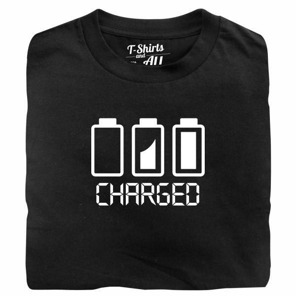 Battery charged man black t-shirt