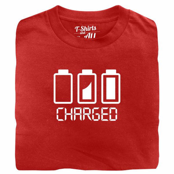 Battery charged man red t-shirt