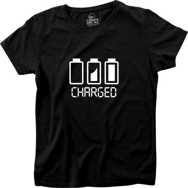 Battery charged woman black t-shirt