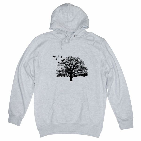 tree with birds grey hoodie